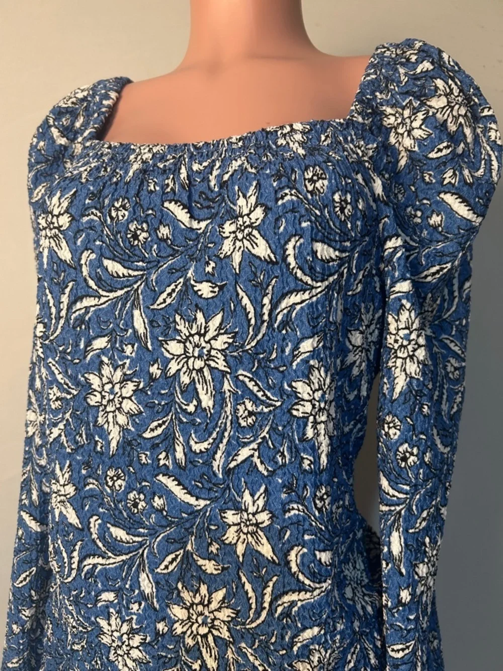 LOFT Women’s Floral Puff Long Sleeve Blouse Textured Top Square Neck Size L NWT